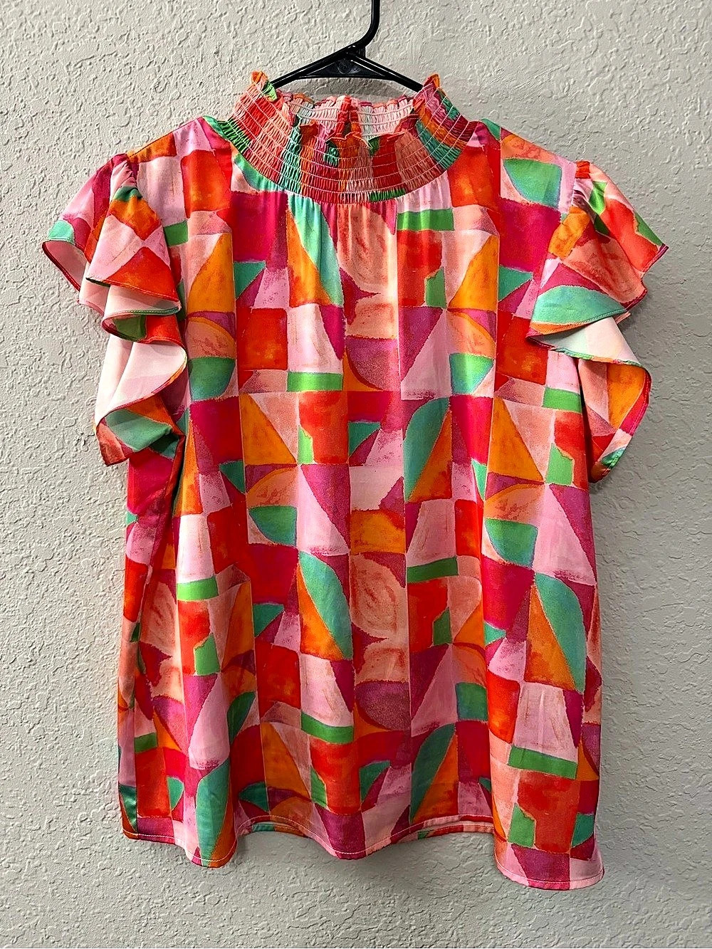 THML Geometric Ruffle Sleeve Blouse in Orange, Pink, & Green size L